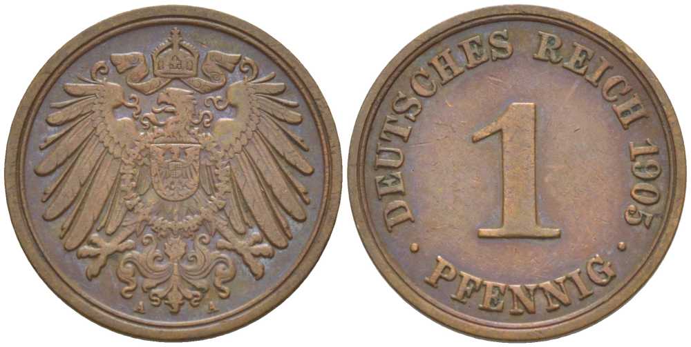 ГЕРМАНИЯ 1 ПФЕННИГ 1905 A KM 10, J. 10, Weege 2 медь 211-329