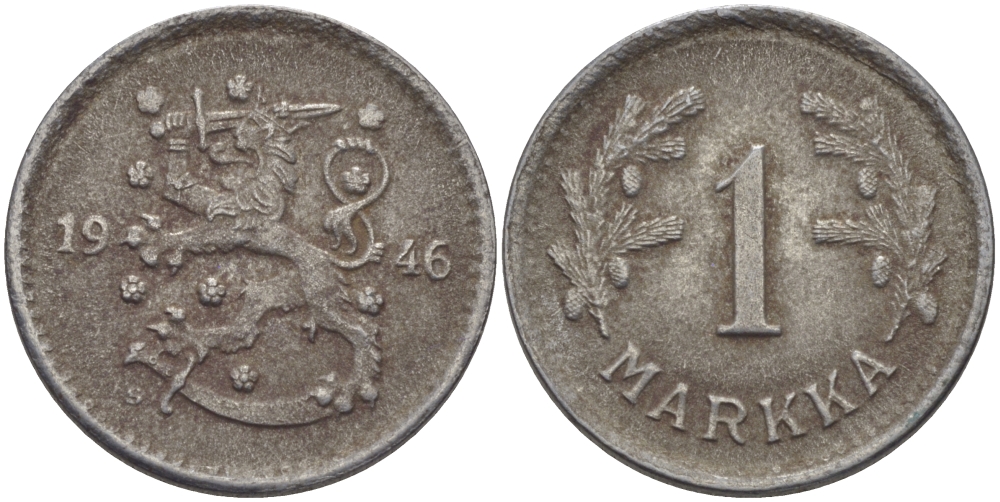 ФИНЛЯНДИЯ 1 МАРКА 1946 S KM 30b железо 28-146