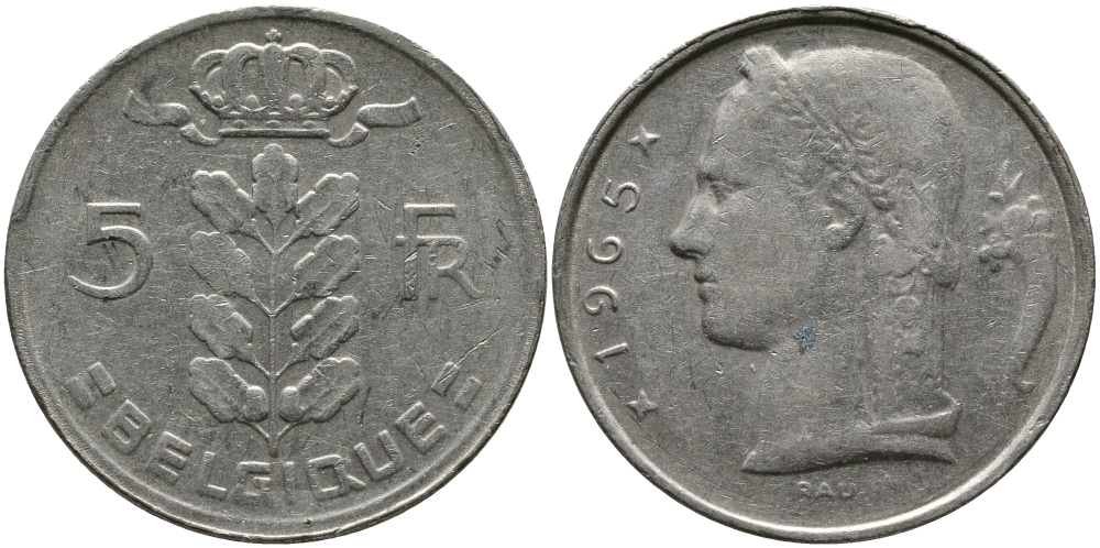 БЕЛЬГИЯ 5 ФРАНКОВ 1965 BELGIQUE KM 134.1 медно-никель 98-634
