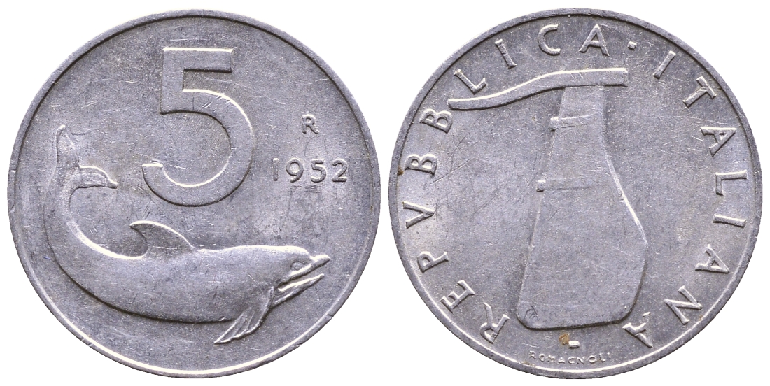 ИТАЛИЯ 5 ЛИР 1952 R, РУЛЬ, ДЕЛЬФИН KM 92 алюминий 56-844