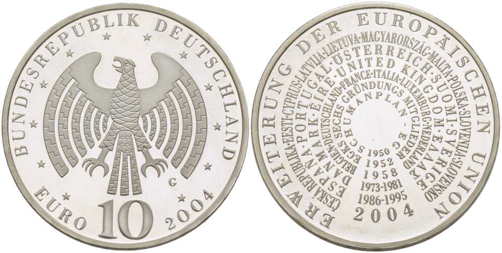 ФРГ 10 евро 2004 G, расширение Евросоюза KM 231, DE.S 10.14 серебро PROOF 413-6431