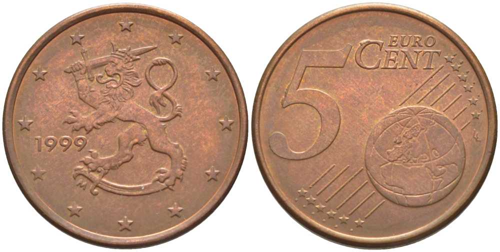 Финляндия 5 евроцентов 1999 M KM 100 сталь плакированная медью 4175-741