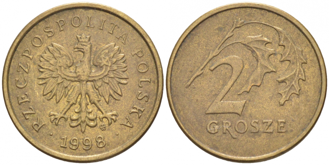 Польша 2 гроша 1998 MW KM 277, Parchimowicz 702e латунь 100-948