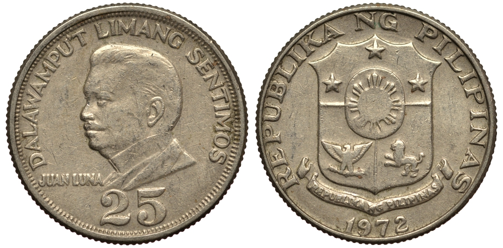 ФИЛИППИНЫ 25 СЕНТИМО 1972 РЕВОЛЮЦИОНЕР ХУАН ЛУНА KM 199 медь никель цинк 4182-213