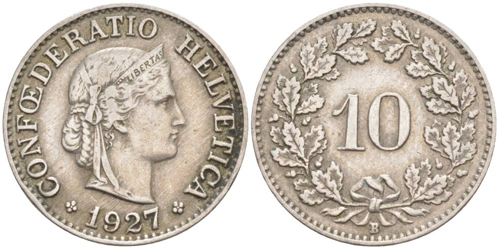 ШВЕЙЦАРИЯ 10 РАППЕНОВ 1927 В KM 27 медно-никель 3309-413