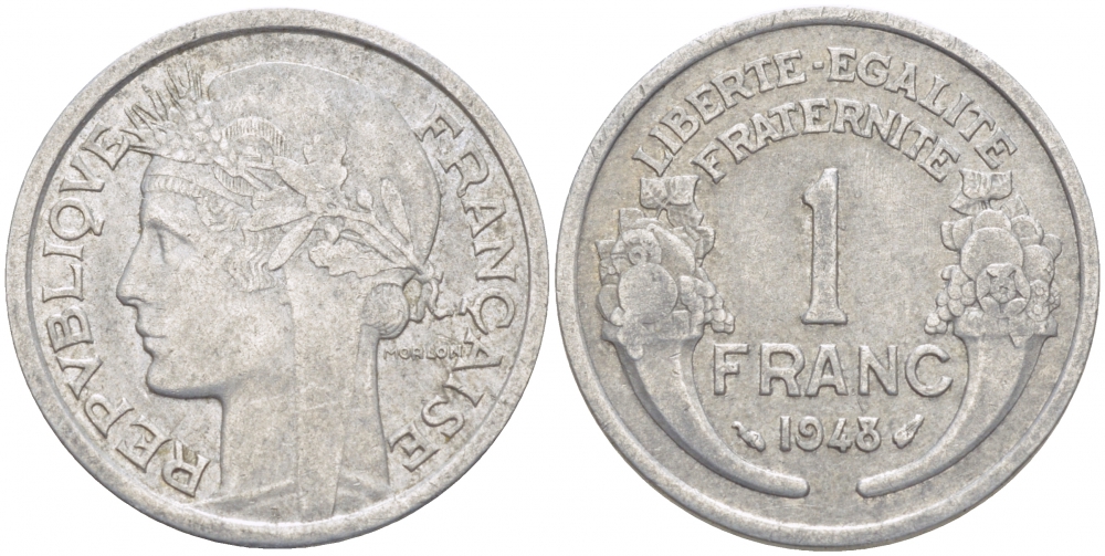 ФРАНЦИЯ 1 ФРАНК 1948 ТИП MORLON, LEGERE KM 885a.1, LE FRANC 221.13 алюминий 4402-1027
