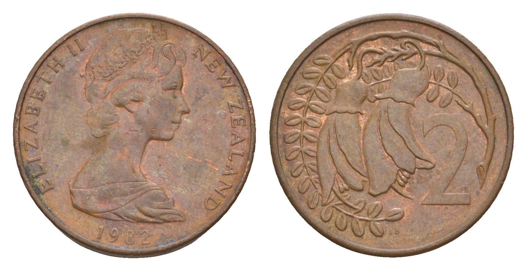 Новая Зеландия 2 цента 1982 Елизавета II (1952-2022), два цветка кохаи KM 32.1 бронза 4178-319