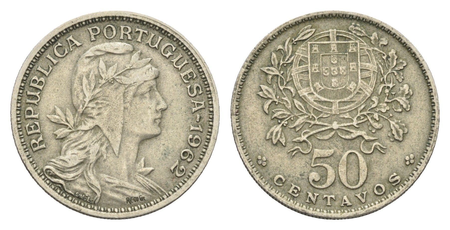 Португалия 50 сентаво 1962 голова Свободы вправо KM 577 никель латунь 4659-643