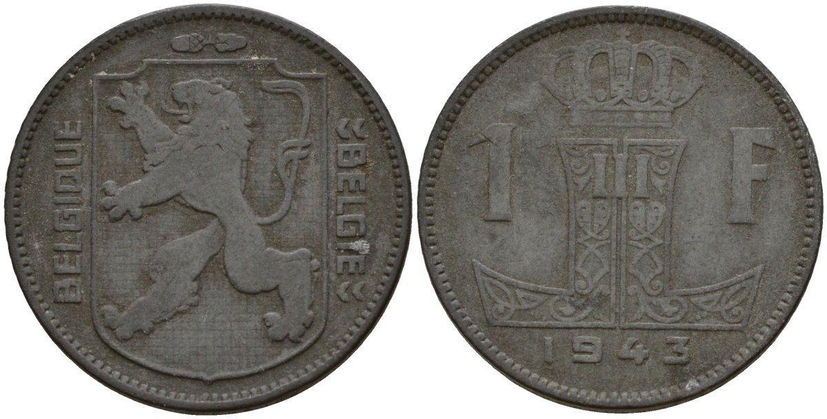 Бельгия 1 франк 1943 Belgique - Belgie, Леопольд III (1934-1947), германская оккупация, Вторая мировая война KM 127 цинк 4161-523