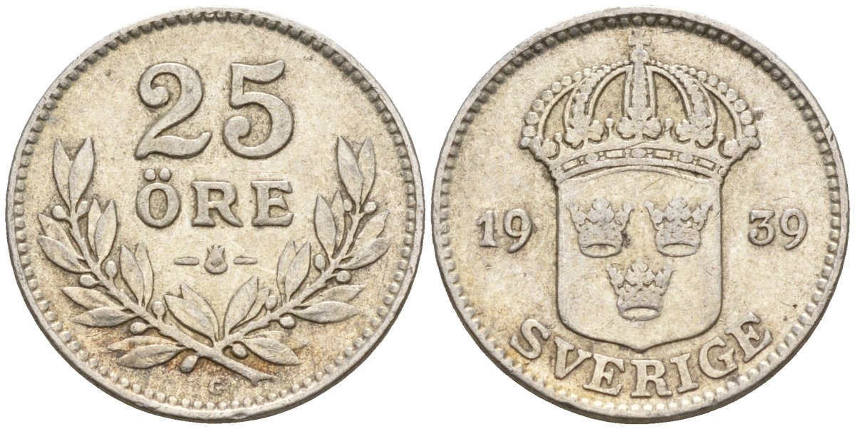 Швеция 25 эре 1939 G, Густав V (1907-1950) KM 785 серебро 4147-947