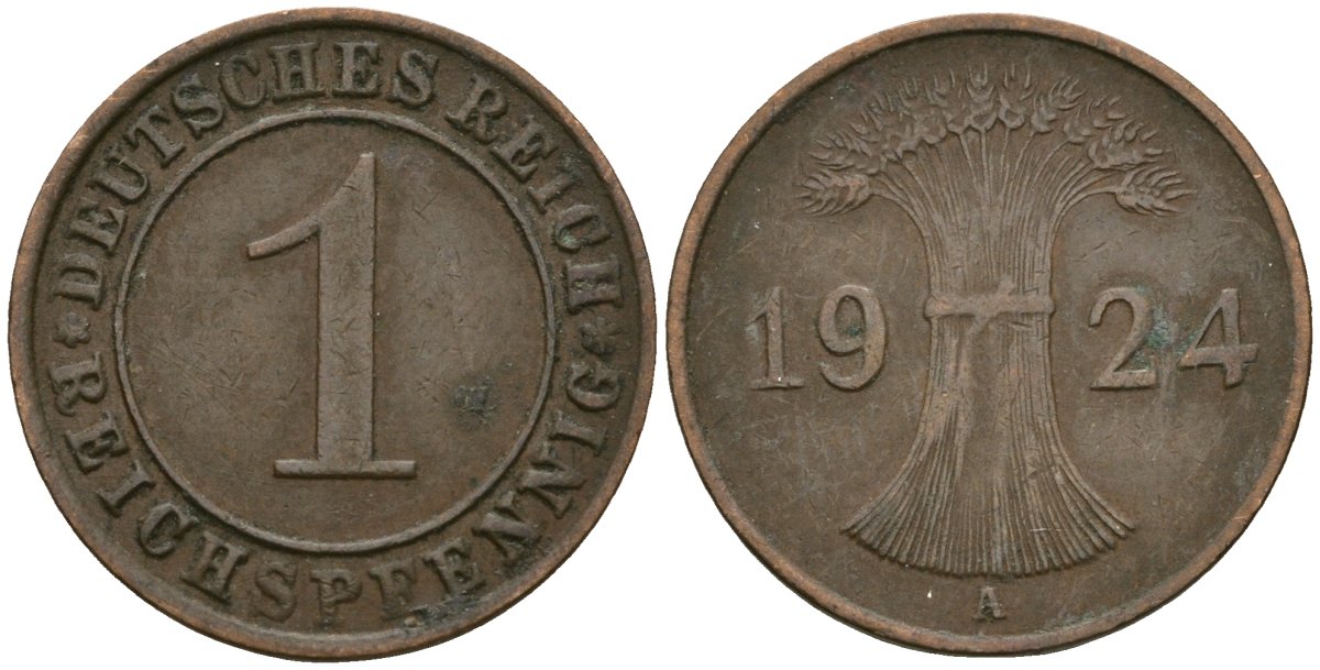 Германия 1 рейхспфенниг 1924 A KM 37, J. 313 бронза 4189-1055
