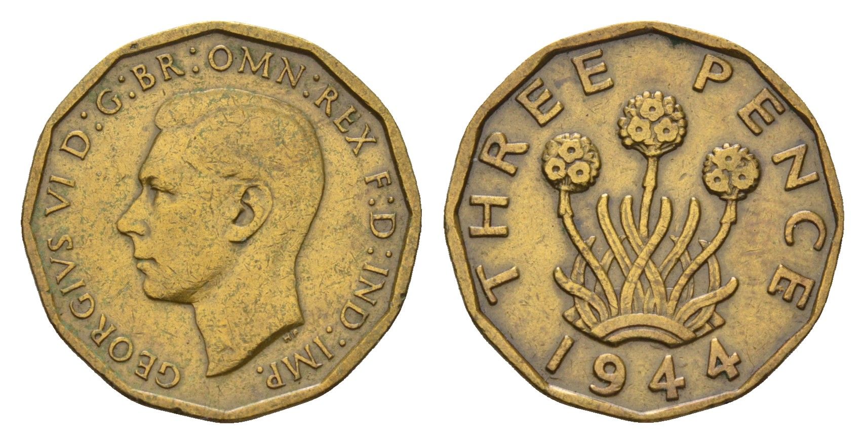 Великобритания 3 пенса 1944 Георг VI (1936-1952) KM 849, Spink 4112 никель латунь 77-421