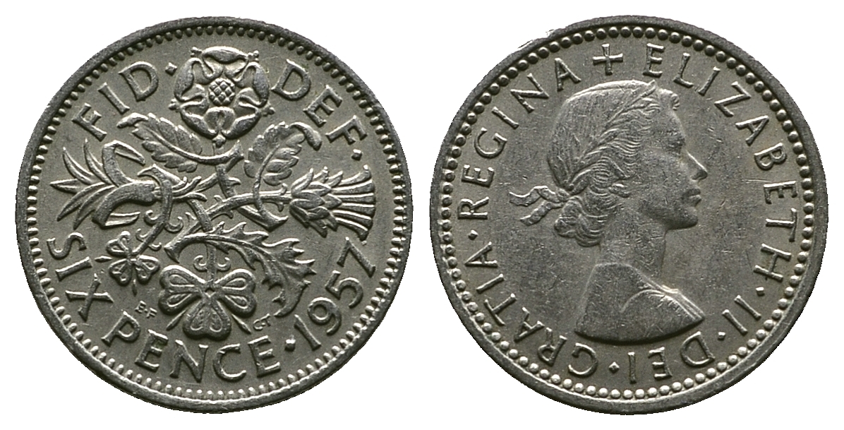 Великобритания 6 пенсов 1957 Елизавета II (1952-2022) KM 903, Spink 4149 медно-никель 261-1013