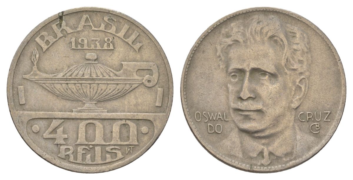 Бразилия 400 реалов 1938 Освалду Крус KM 539 медно-никель 4624-1254