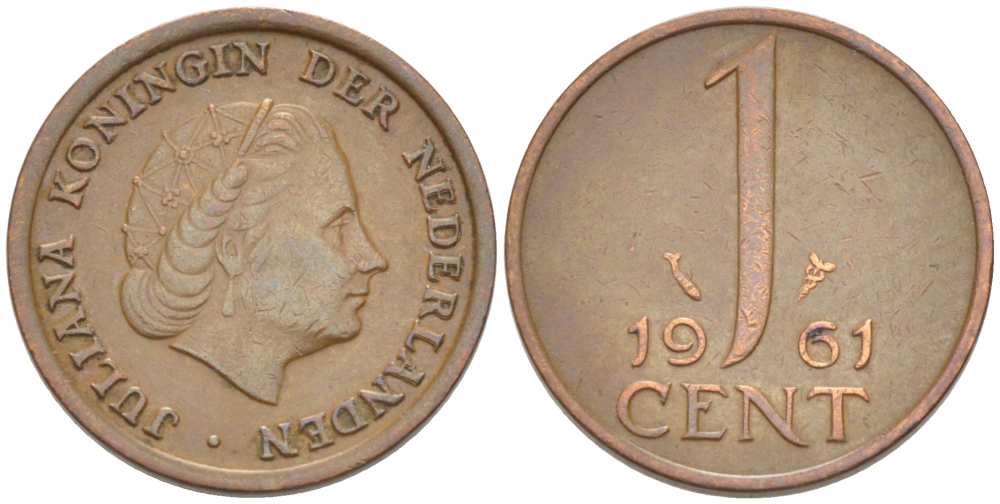 Нидерланды 1 цент 1961 Юлиана (1948-1980) КМ 180 бронза 218-859