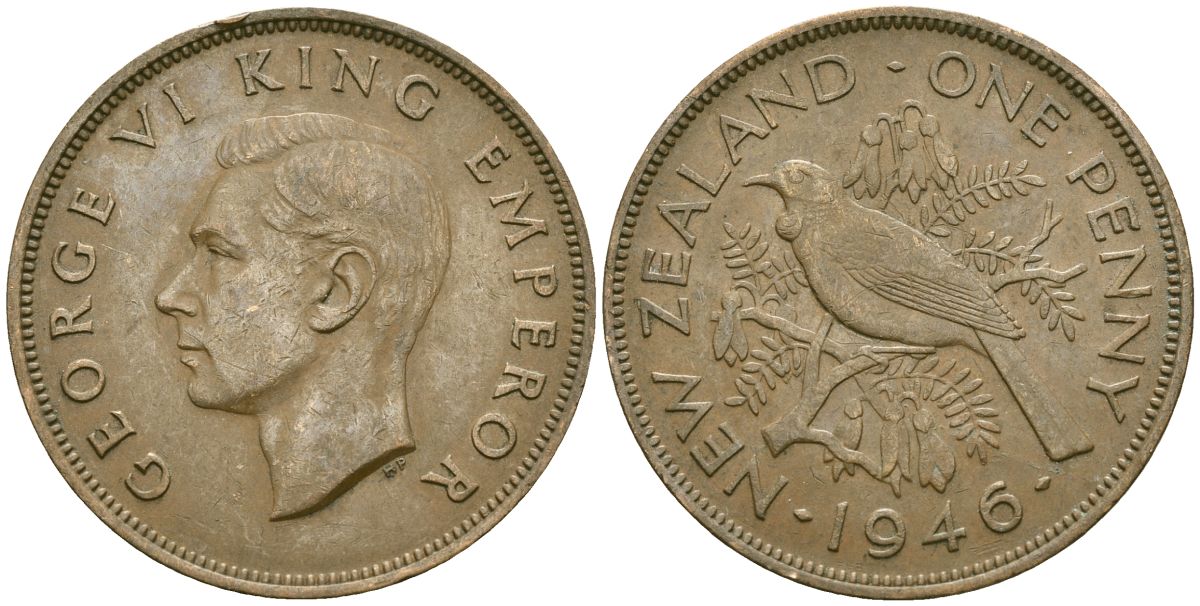 Новая Зеландия 1 пенни 1946 Георг VI (1936-1952), новозеландский туи KM 13 бронза 32-1243