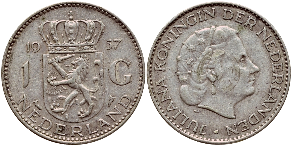 Нидерланды 1 гульден 1957 Юлиана (1948-1980) KM 184 серебро 1522-142