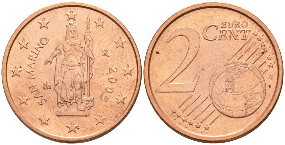 Сан-Марино 2 евроцента 2005 KM 441 сталь плакированная медью UNC 68-753