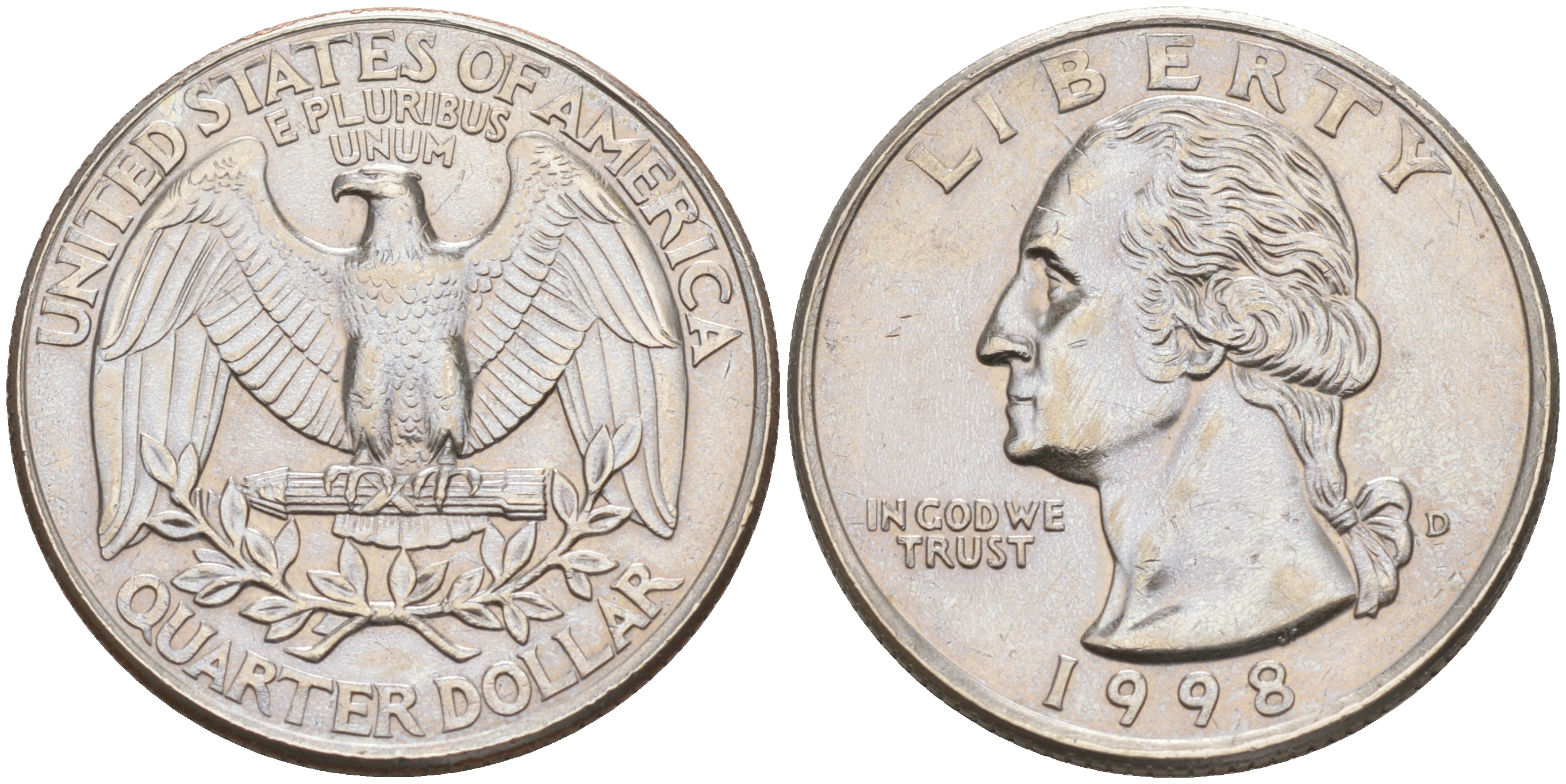 США 25 центов = квотер 1998 D, Вашингтон KM A164a медь плакированная медно-никелем 190-427