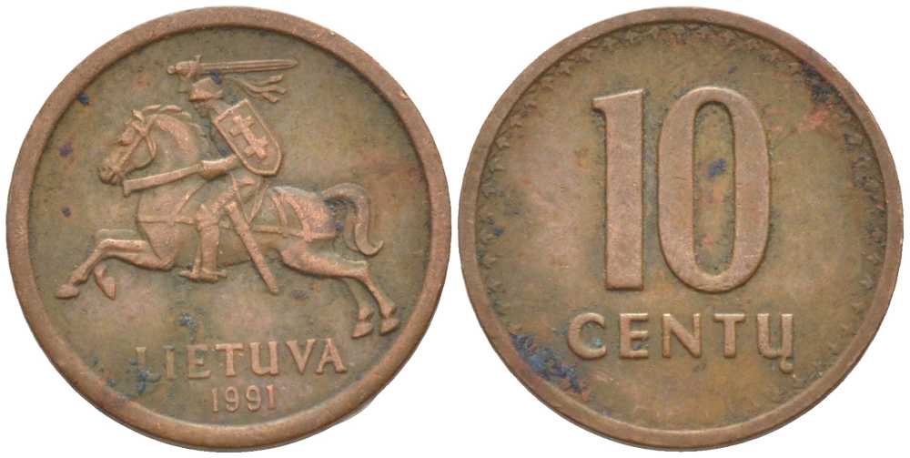 ЛИТВА 10 ЦЕНТОВ 1991 KM 88 бронза 116-137