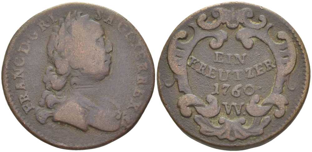 АВСТРИЯ 1 КРЕЙЦЕР 1760 W, ФРАНЦ I (1745-1765) KM 2007 медь 180-532