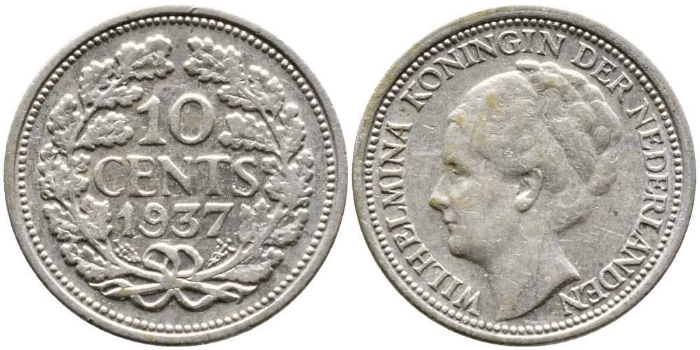 Нидерланды 10 центов 1937 Вильгельмина I (1890-1948) КМ 163 серебро 4387-724