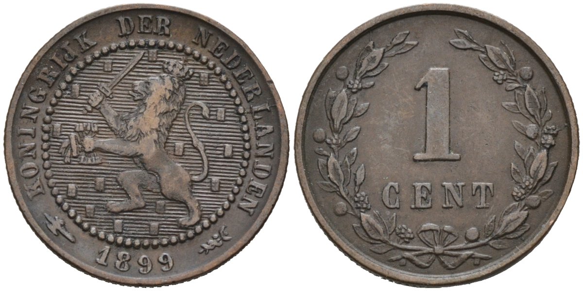 Нидерланды 1 цент 1899 Вильгельмина (1890-1948) KM 107 бронза 4576-637
