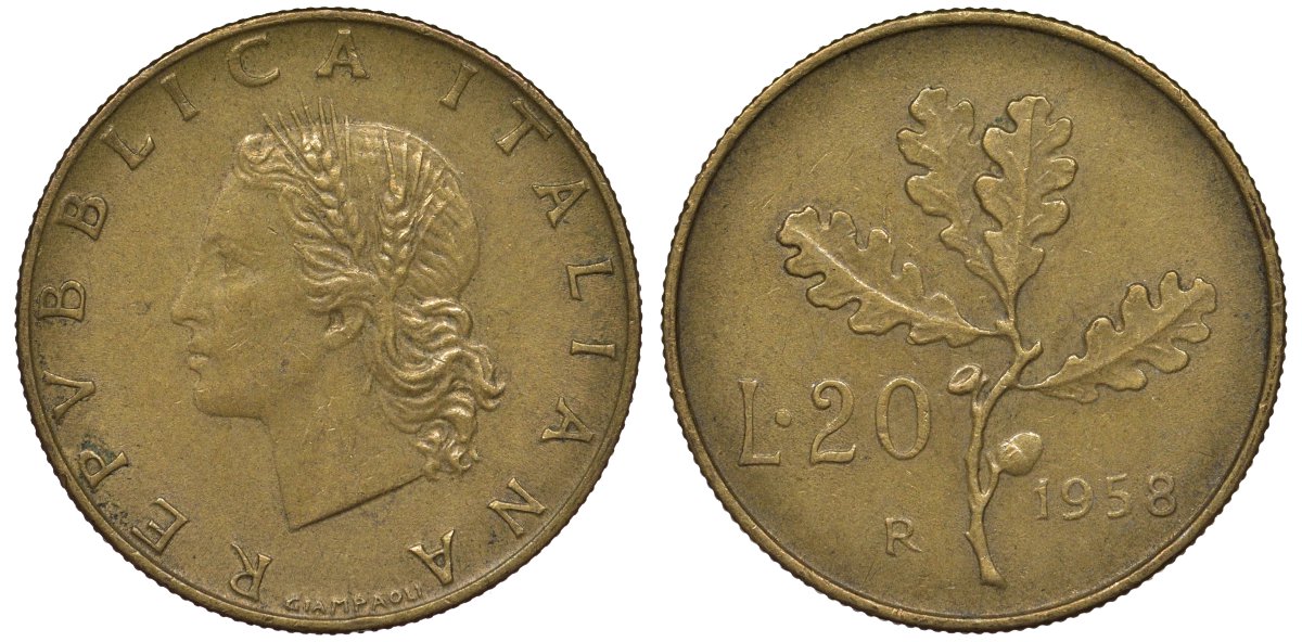 Италия 20 лир 1958 R, дубовая ветвь KM 97.1 алюминиевая бронза 4128-1242