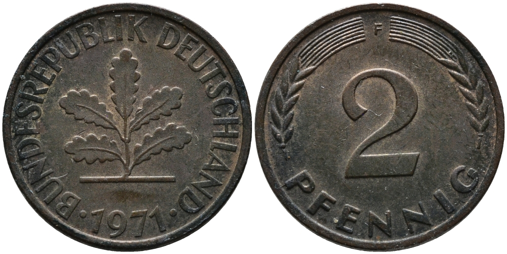 ФРГ 2 пфеннига 1971 F KM 106а, J.381а сталь плакированная медью 99-212