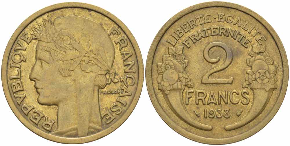 ФРАНЦИЯ 2 ФРАНКА 1938 ТРЕТЬЯ РЕСПУБЛИКА (1871-1940) KM 886, LE FRANC 268.11 алюминиевая бронза 23-115