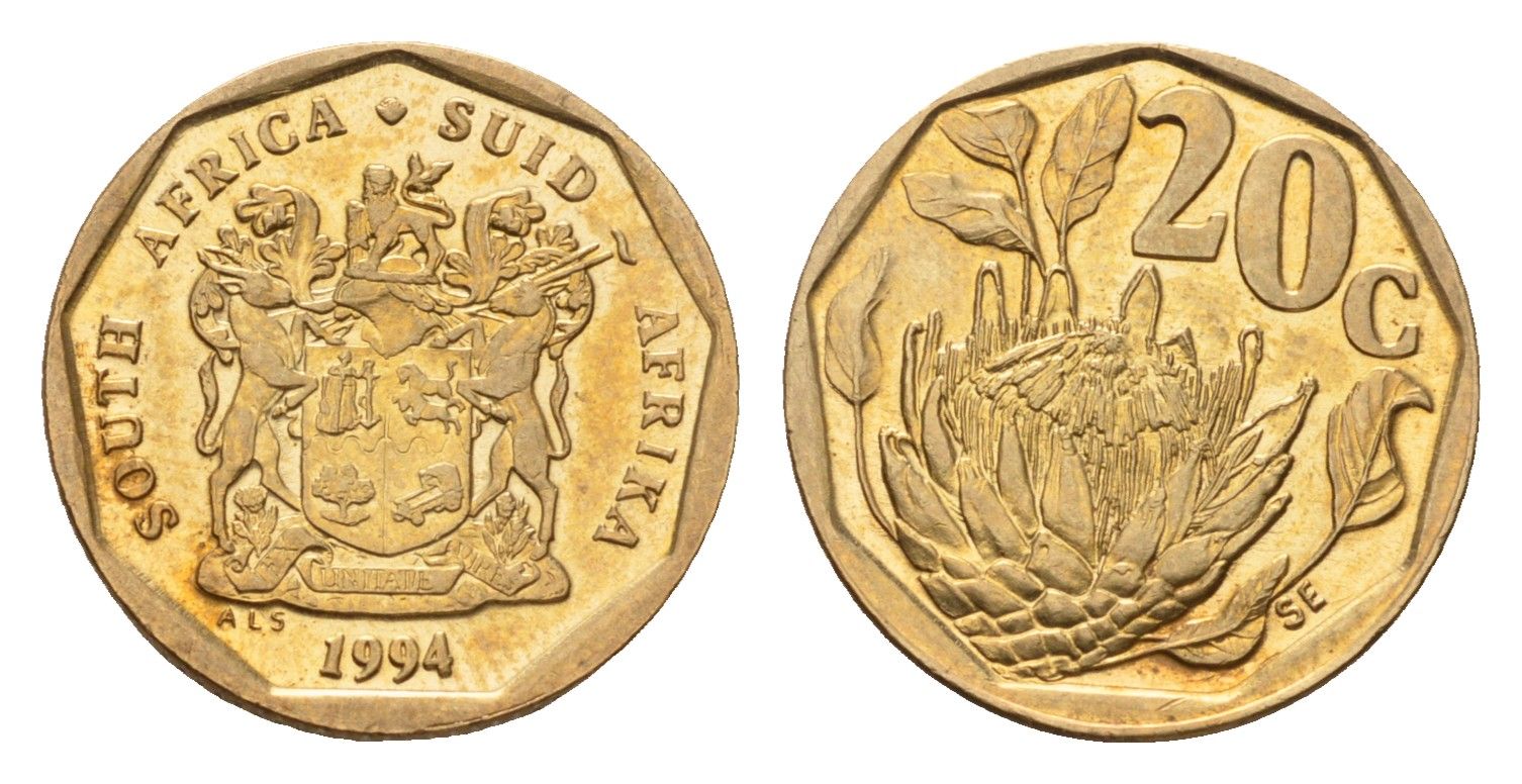 ЮАР 20 центов 1994 KM 136 сталь плакированная латунью UNC 4643-316