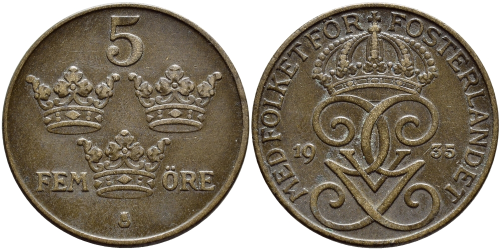 Швеция 5 эре 1935 Густав V (1907-1950) KM 779.2 бронза 4394-931