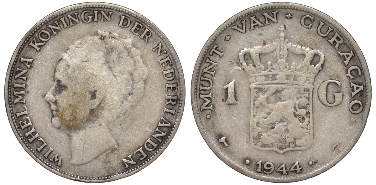 Нидерландское Кюрасао 1 гульден 1944 D, Вильгельмина (1890-1948) KM 45 серебро 36-537