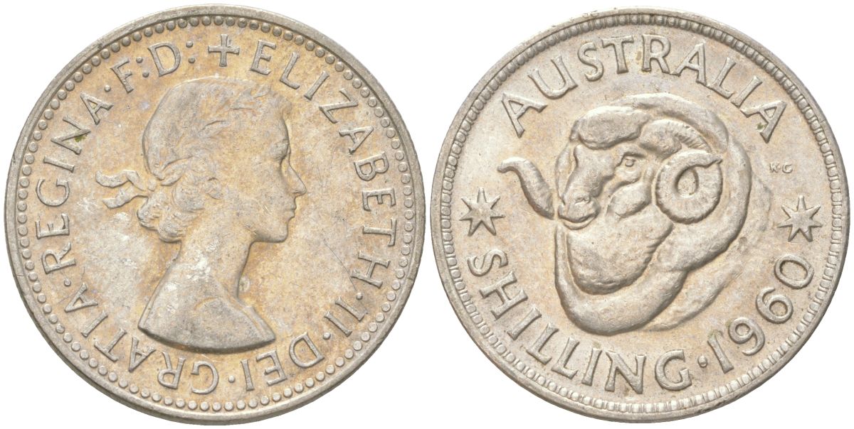 Австралия 1 шиллинг 1960 M, Елизавета II (1952-2022), овца меринос KM 59 серебро 4622-231