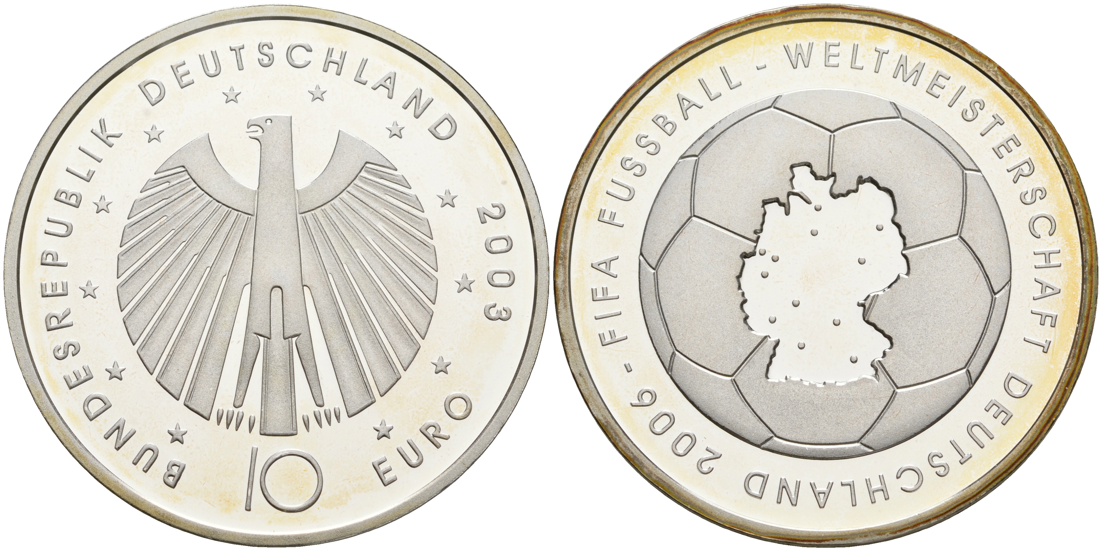 ФРГ 10 евро 2003 чемпионат мира по футболу 2006 года в Германии, первая монета KM 223, DE.S. 10.8 серебро PROOF 1076-3-31