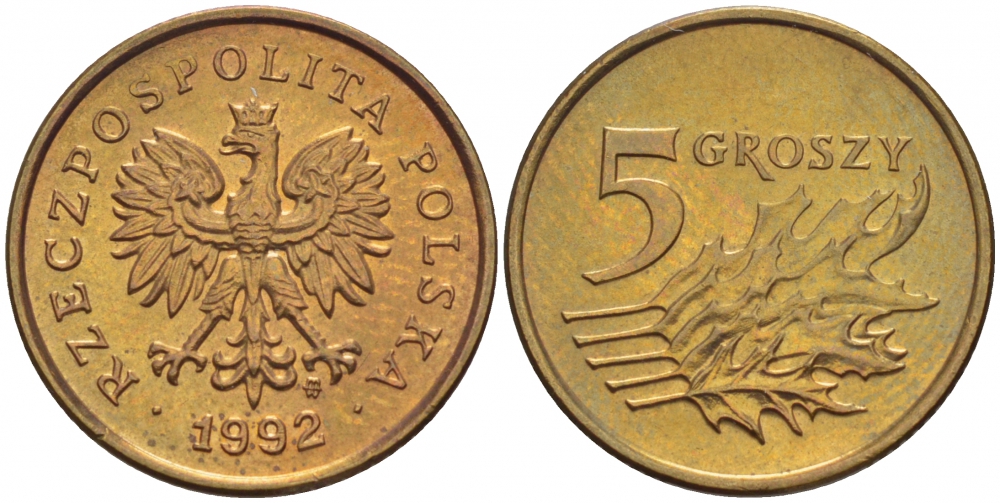 Польша 5 грошей 1992 MW KM 278 латунь UNC 4516-1154