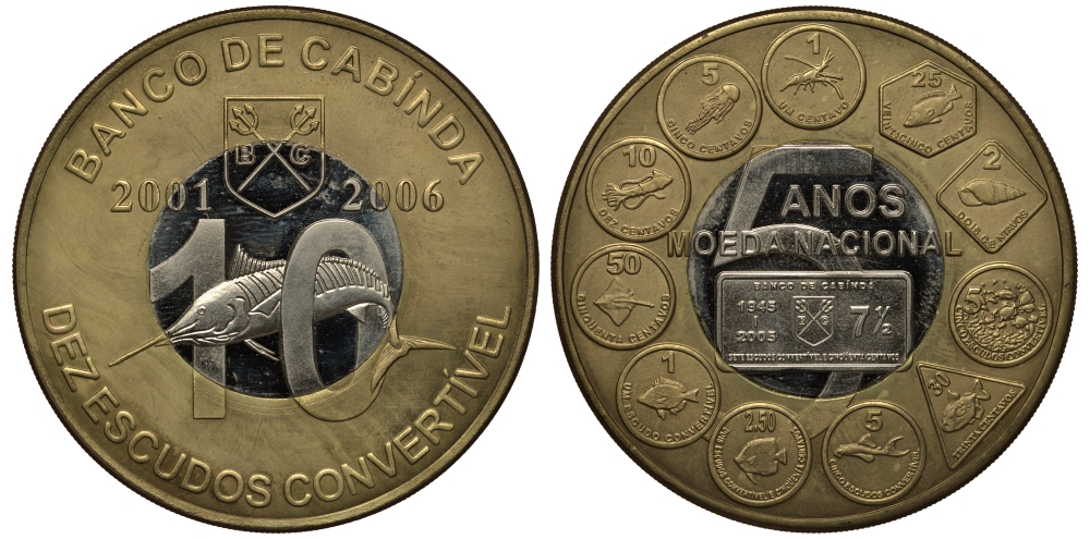 Кабинда (провинция Анголы) 10 эскудо 2006 5 лет Национальной валюте Рыба-меч биметалл UNC 1080-7-33