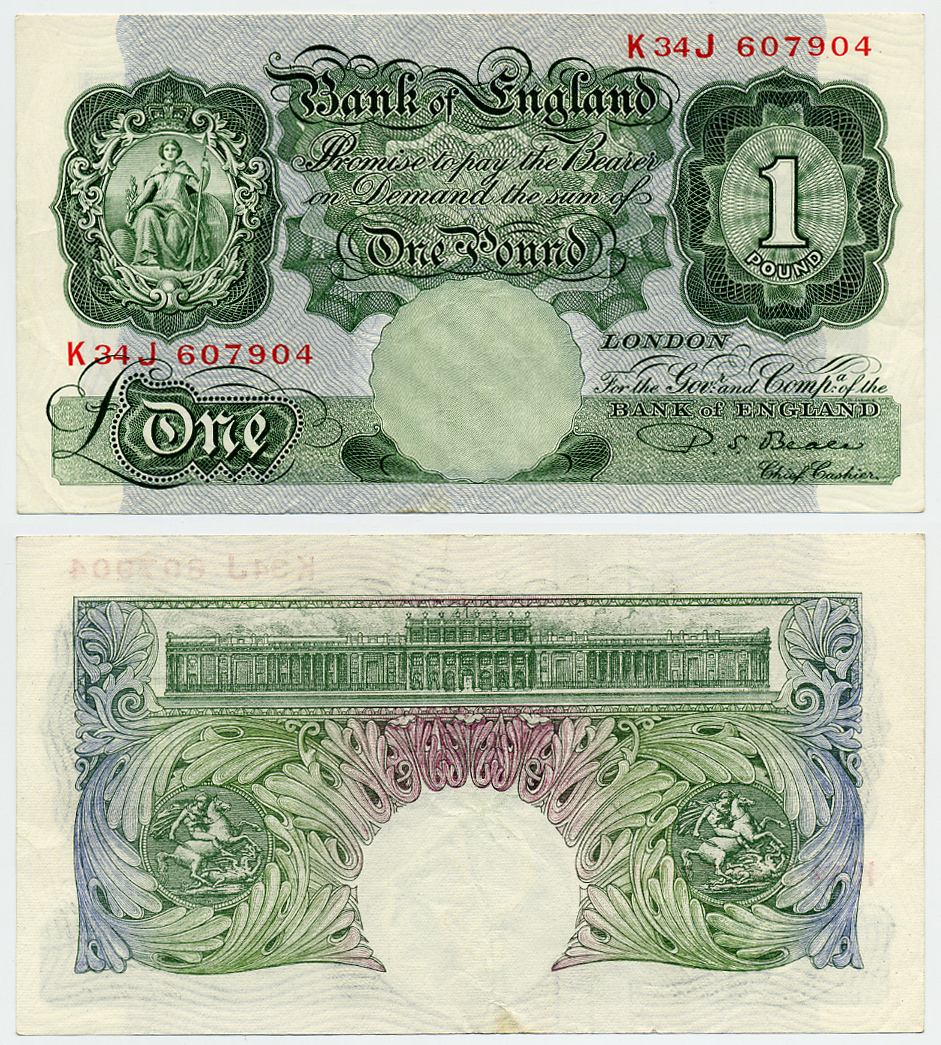 АНГЛИЯ 1 ФУНТ 1949-1955 ЗЕЛЕНЫЙ, ПОДПИСЬ BEALE Pick 369b бумага 6283-20-1