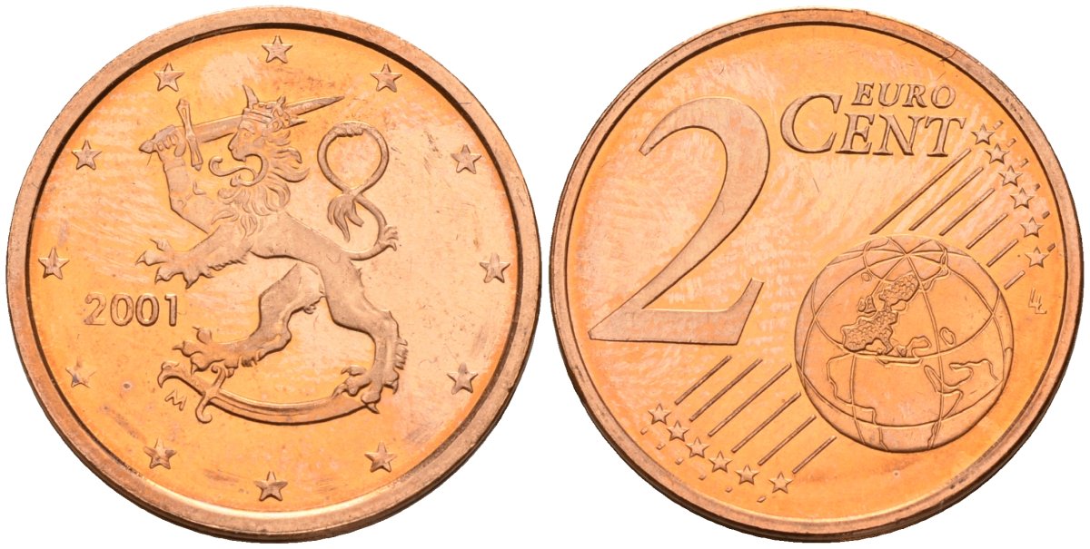 Финляндия 2 евроцента 2001 KM 99 сталь плакированная медью UNC M50-18