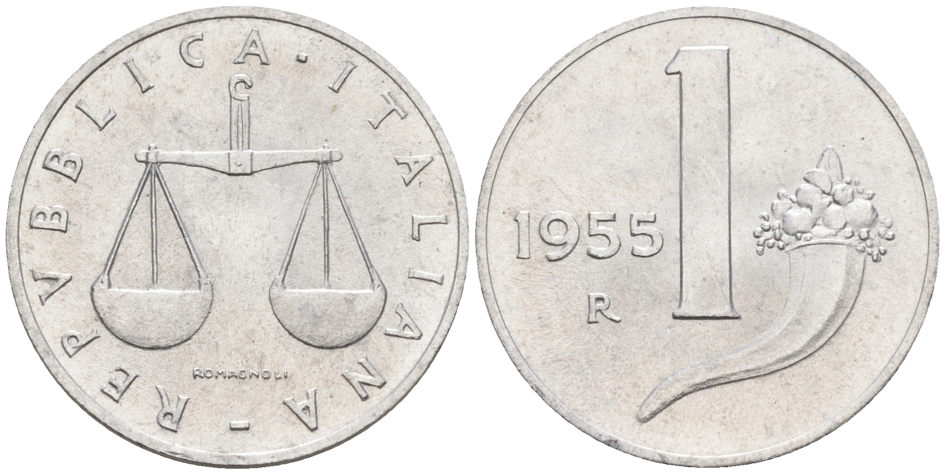Италия 1 лира 1955 R, весы KM 91 алюминий  UNC  4594-658
