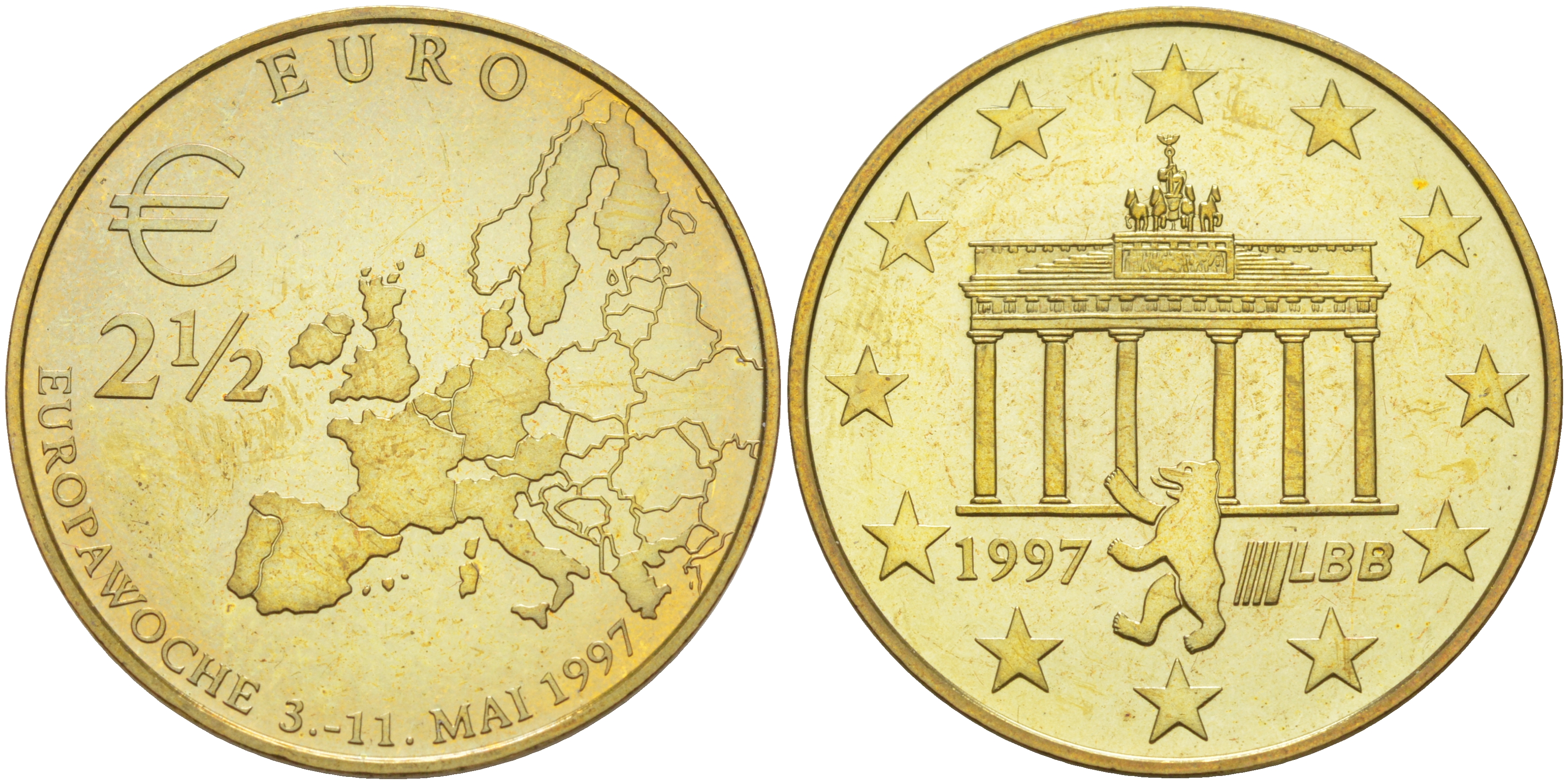 ГЕРМАНИЯ 2 1/2 ЕВРО 1997 БРАНДЕНБУРГСКИЕ ВОРОТА, ЕВРО-ЭКЮ, сталь плакированная латунью 4111-911