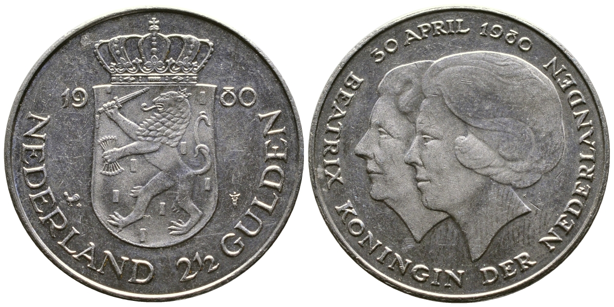 Нидерланды 2 1/2 гульдена 1980 коронация Беатрикс, 30 апреля 1980 KM 201 никель 4542-536