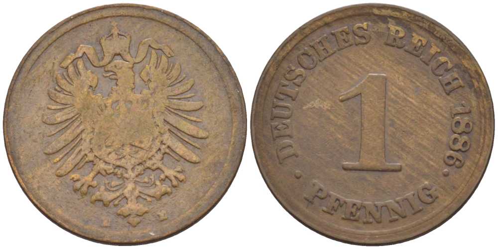 ГЕРМАНИЯ 1 ПФЕННИГ 1886 E, СТАРОГЕРБОВКА KM 1, J. 1, Weege 1 медь 206-1246