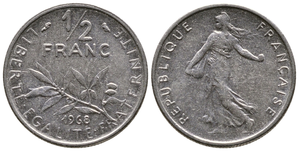 ФРАНЦИЯ 1/2 ФРАНКА 1968 СЕЯТЕЛЬ KM 931.1 никель 26-966