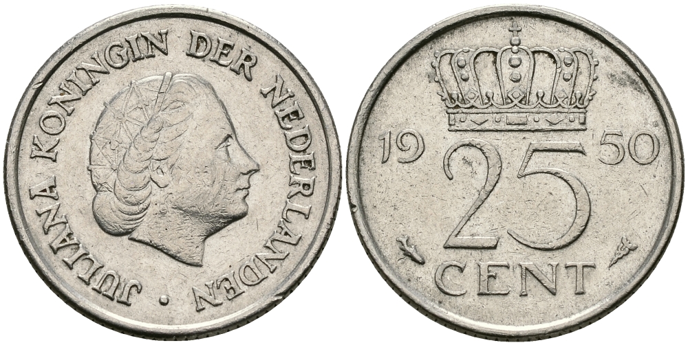 НИДЕРЛАНДЫ 25 ЦЕНТОВ 1950 ЮЛИАНА KM 183 никель 96-119