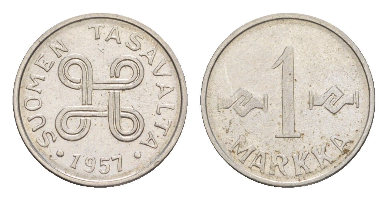 Финляндия 1 марка 1957 KM 36a железо плакированное никелем 4647-434