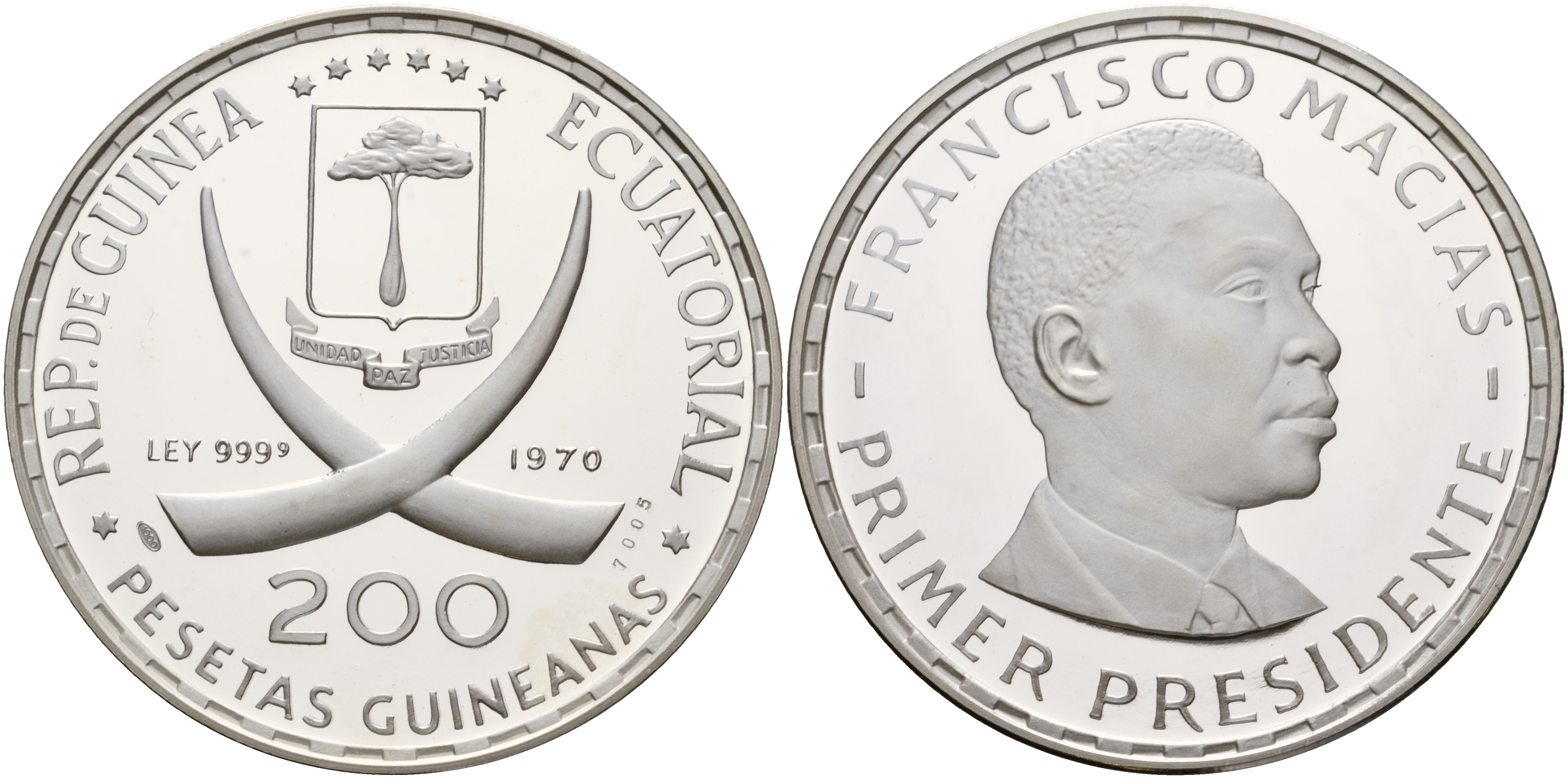 Экваториальная Гвинея 200 песет 1970 Первый президент Франсиско Масиас Нгема (1924-1979) KM 19 серебро PROOF 3831-312