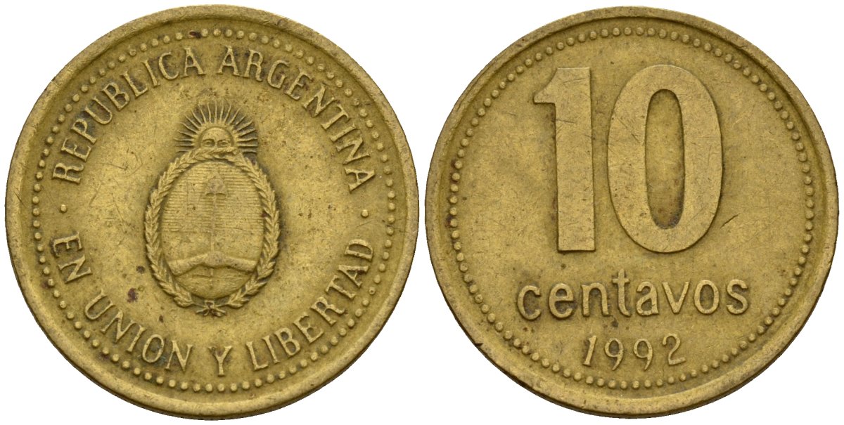 Аргентина 10 сентаво 1992 герб KM 107 алюминиевая бронза 4154-1145