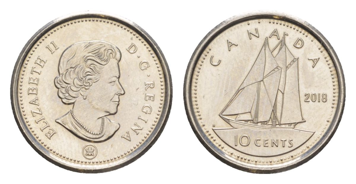 Канада 10 центов 2018 Leaf, Елизавета II (1952-2022), парусник KM 492 сталь плакированная никелем UNC 4630-912