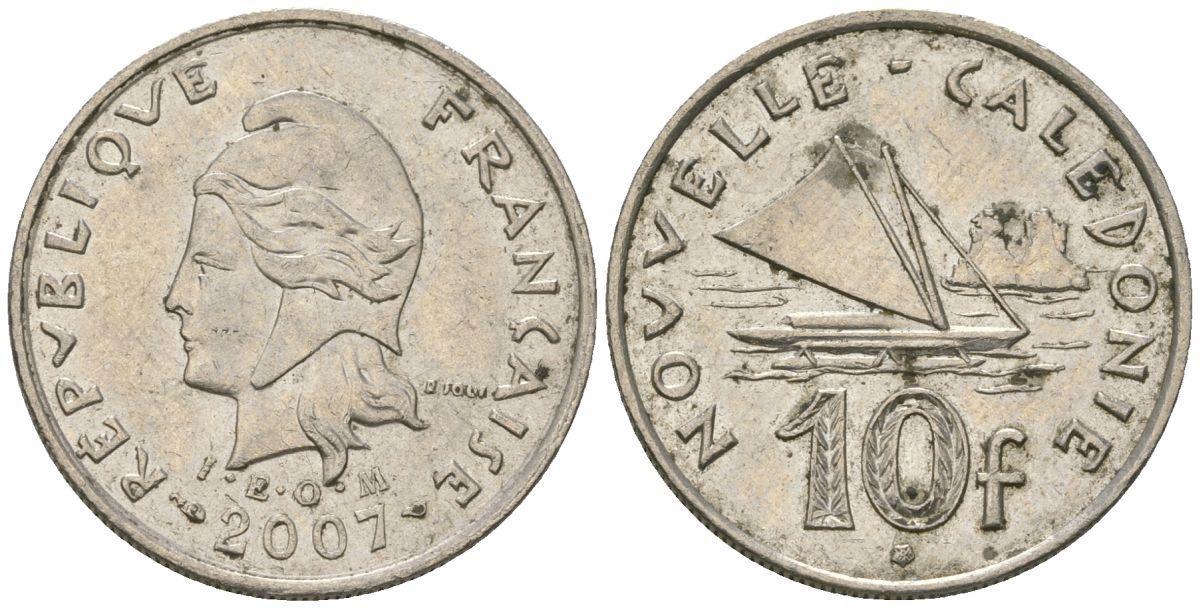 Французская Новая Каледония 10 франков 2007 рыбачья парусная лодка, (IEOM) KM 11a, Schoen 13a, Lec 99k медно-никель 56-1146